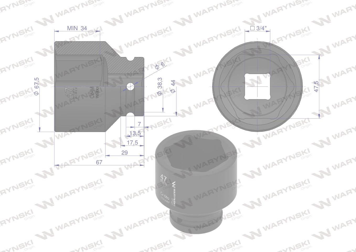 Nasadka udarowa sześciokątna 3/4" 47mm crmo din 3129 waryński - zdjęcie 2