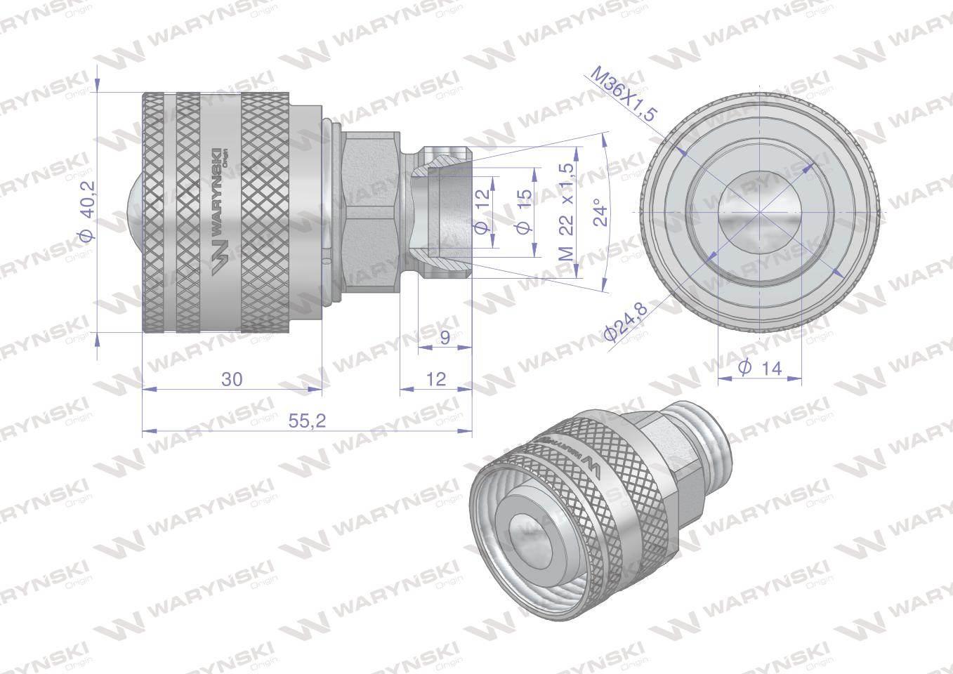 Komplet zawór wtyczka m22x1.5 skręcane 50490030 z gwintowaną pokrywą/osłoną aluminiową waryński - zdjęcie 3