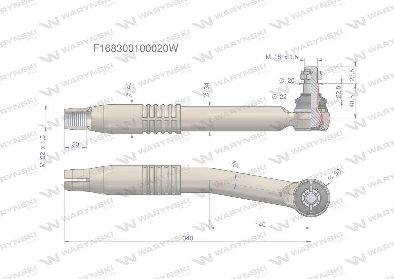 Przegub kierowniczy prawy 340mm m22x1,5 f168300100020 waryński - zdjęcie 2