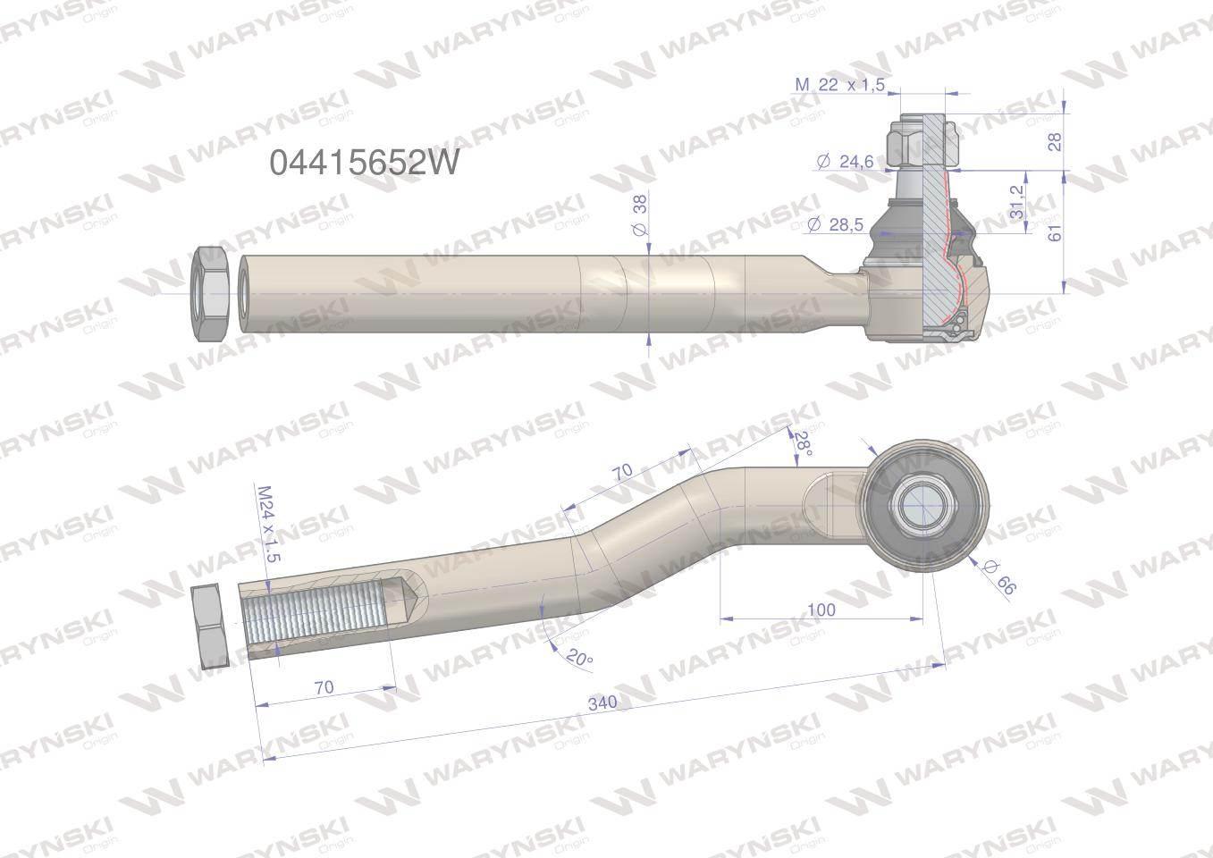 Przegub kierowniczy prawy 340mm m24x1,5 04415652 waryński - zdjęcie 2