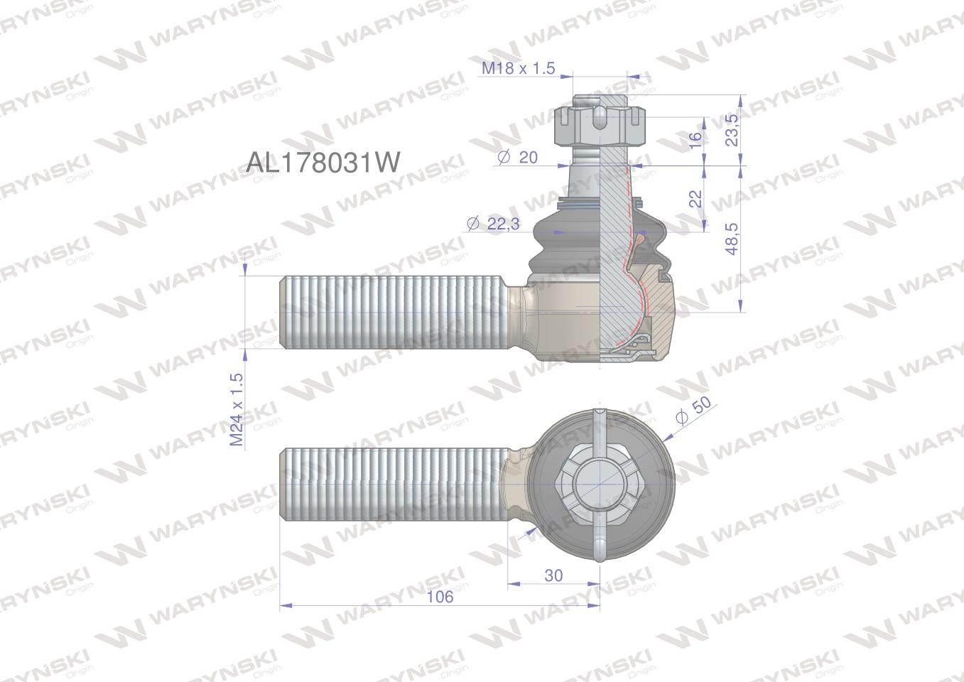 Przegub kierowniczy 106mm m24x1,5 al178031 waryński - zdjęcie 2