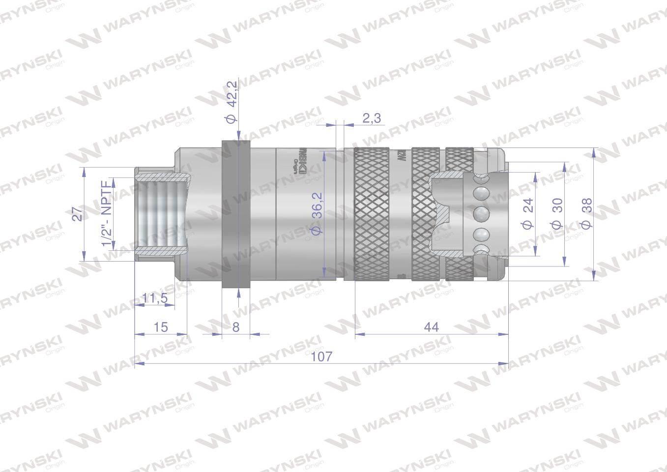 Szybkozłącze hydrauliczne zrywalne seria wia3cv 3cfpv 68 l/min gniazdo 1/2" nptf gwint wewnętrzny euro push-pull iso 7241-a waryński - zdjęcie 3