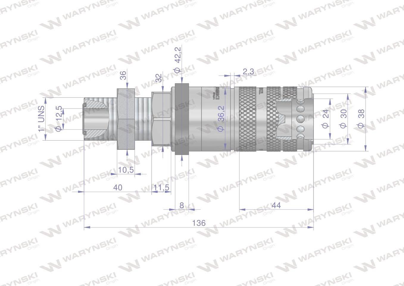 Szybkozłącze hydrauliczne zrywalne seria wia3cv 3cfpv 68 l/min gniazdo long 1" orfs gwint zewnętrzny euro push-pull iso 7241-a waryński - zdjęcie 3
