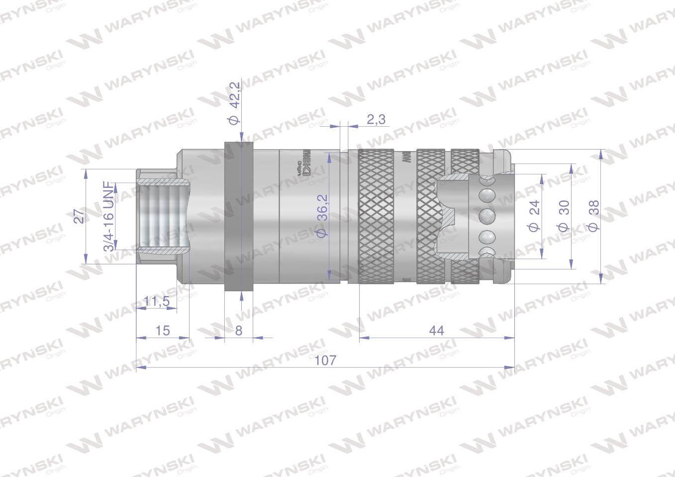 Szybkozłącze hydrauliczne zrywalne seria wia3cv 3cfpv 68 l/min gniazdo 3/4" unf gwint wewnętrzny euro push-pull iso 7241-a waryński - zdjęcie 3