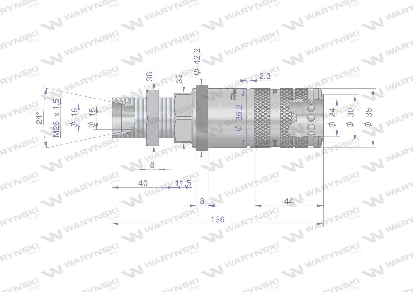 Szybkozłącze hydrauliczne zrywalne seria wia3cv 3cfpv 68 l/min gniazdo long m26x1.5 18l gwint zewnętrzny long euro push-pull iso 7241-a waryński - zdjęcie 3