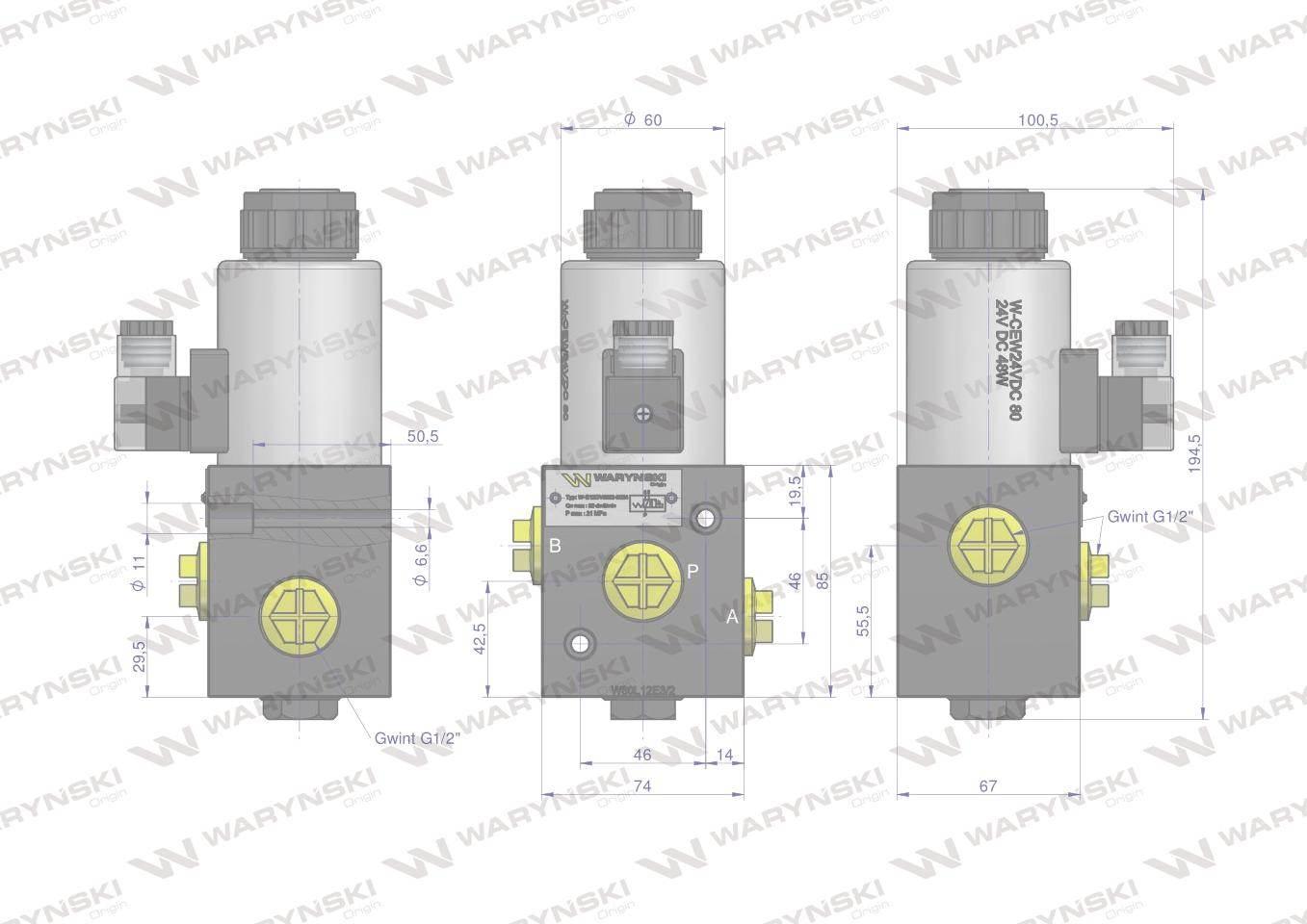 Elektrozawór 3-drogowy elektromagnetyczny kontroli 3/2 w-e12dvs3/2-80l g1/2" 80l 24v dc waryński - zdjęcie 2