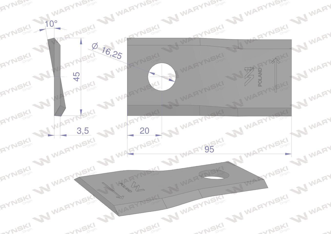 Nóż nożyk kosiarka lewy 95x45x3.5mm otwór 16.25 cc20500 new holland waryński 25szt - zdjęcie 2
