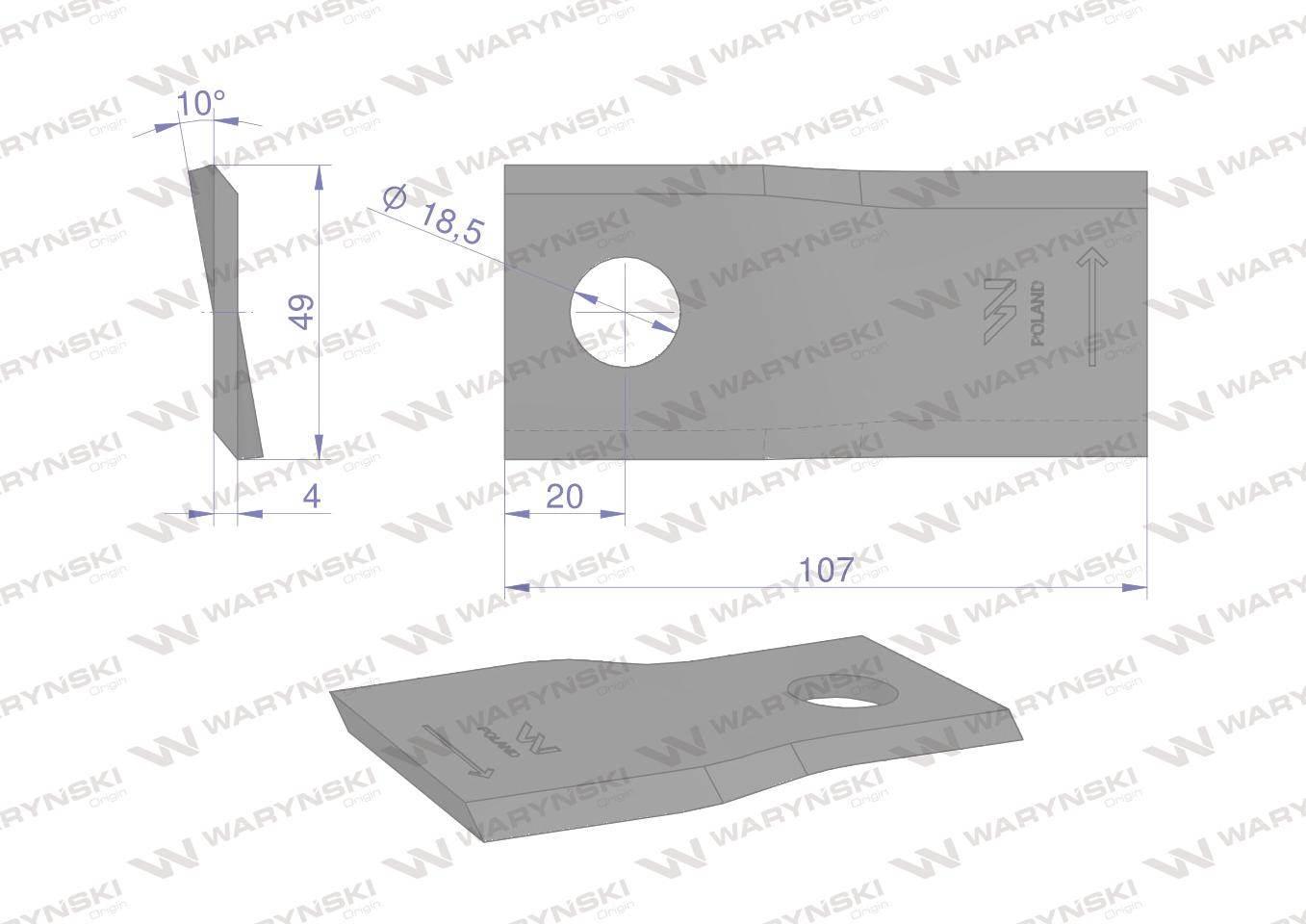 Nóż nożyk kosiarka lewy 107x48x4mm otwór 18.5 90261559 99361559 vicon waryński 25szt - zdjęcie 2