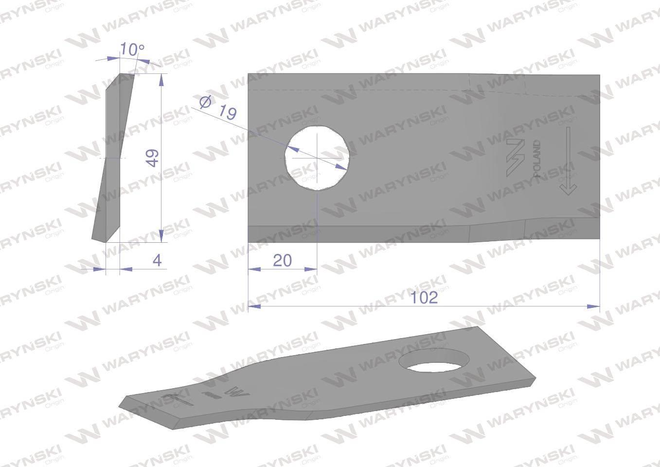 Nóż nożyk kosiarka prawy 102x48x4mm otwór 19 140692 fella waryński 25szt - zdjęcie 2