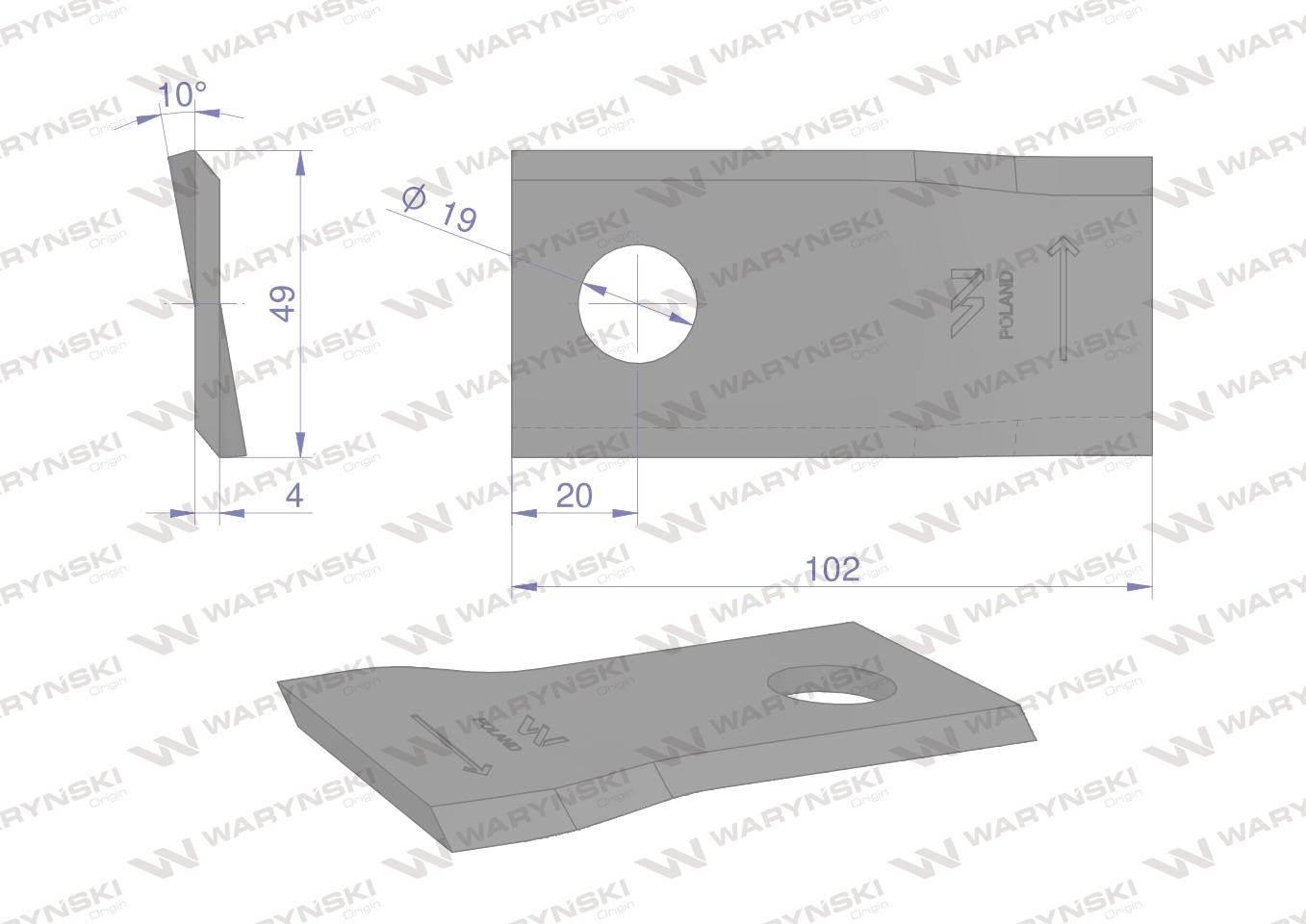 Nóż nożyk kosiarka lewy 102x48x4mm otwór 19 140693 fella waryński 25szt - zdjęcie 2