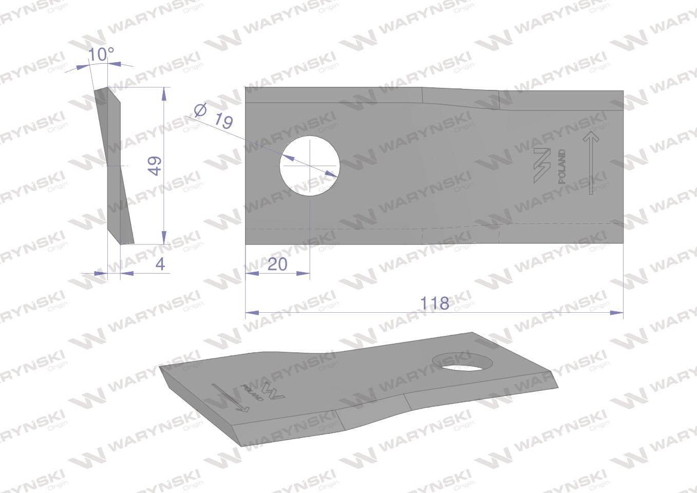 Nóż nożyk kosiarka lewy 118x48x4mm otwór 19 133075 fella waryński 25szt - zdjęcie 2
