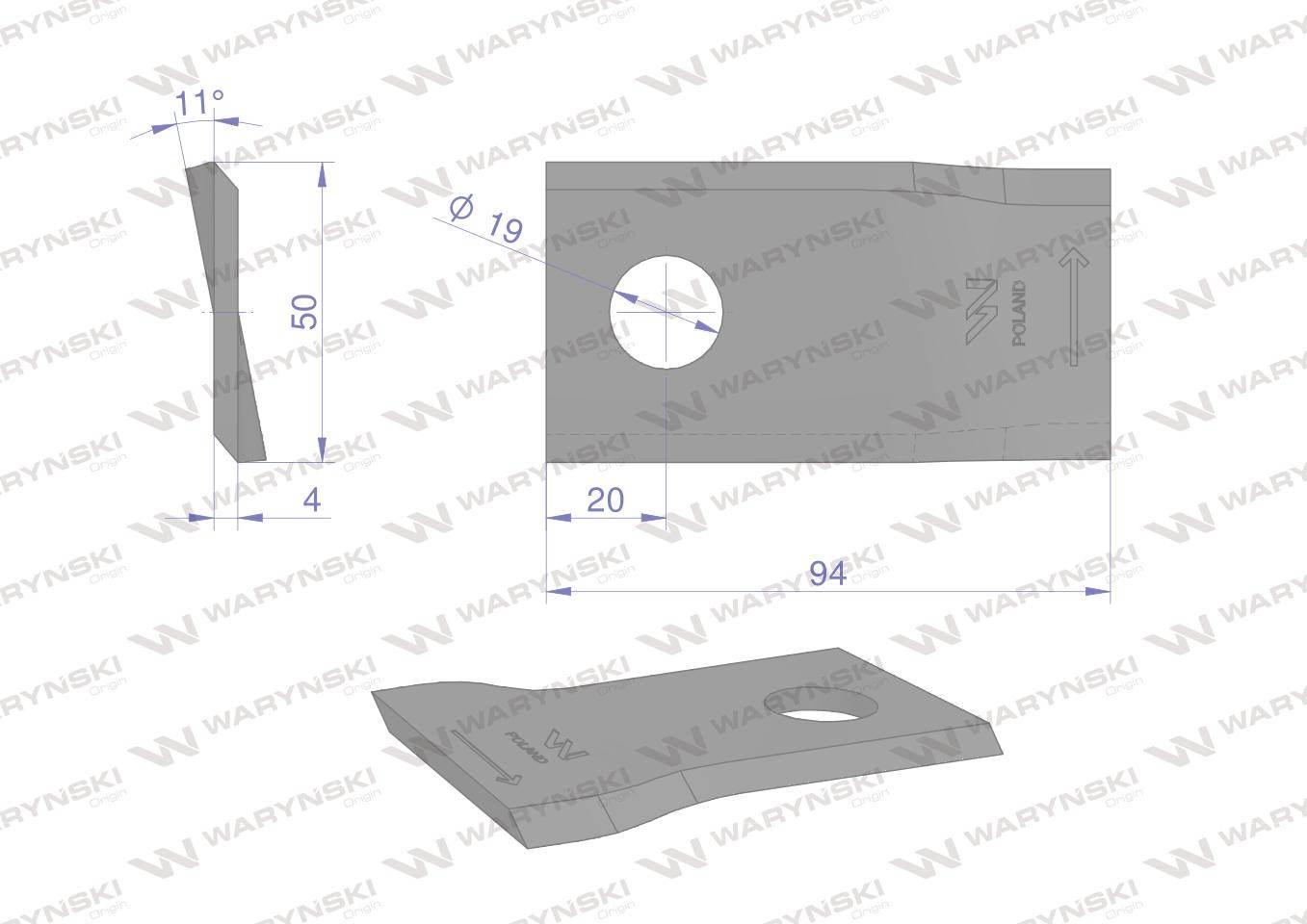 Nóż nożyk kosiarka lewy 94x50x4mm otwór 19 58031193 bcs waryński 25szt - zdjęcie 2