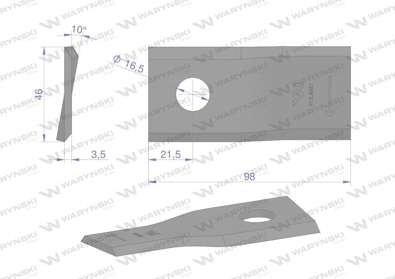 Nóż nożyk kosiarka prawy 98x46x3.5mm otwór 16.5 40490005 morra waryński 25szt - zdjęcie 2