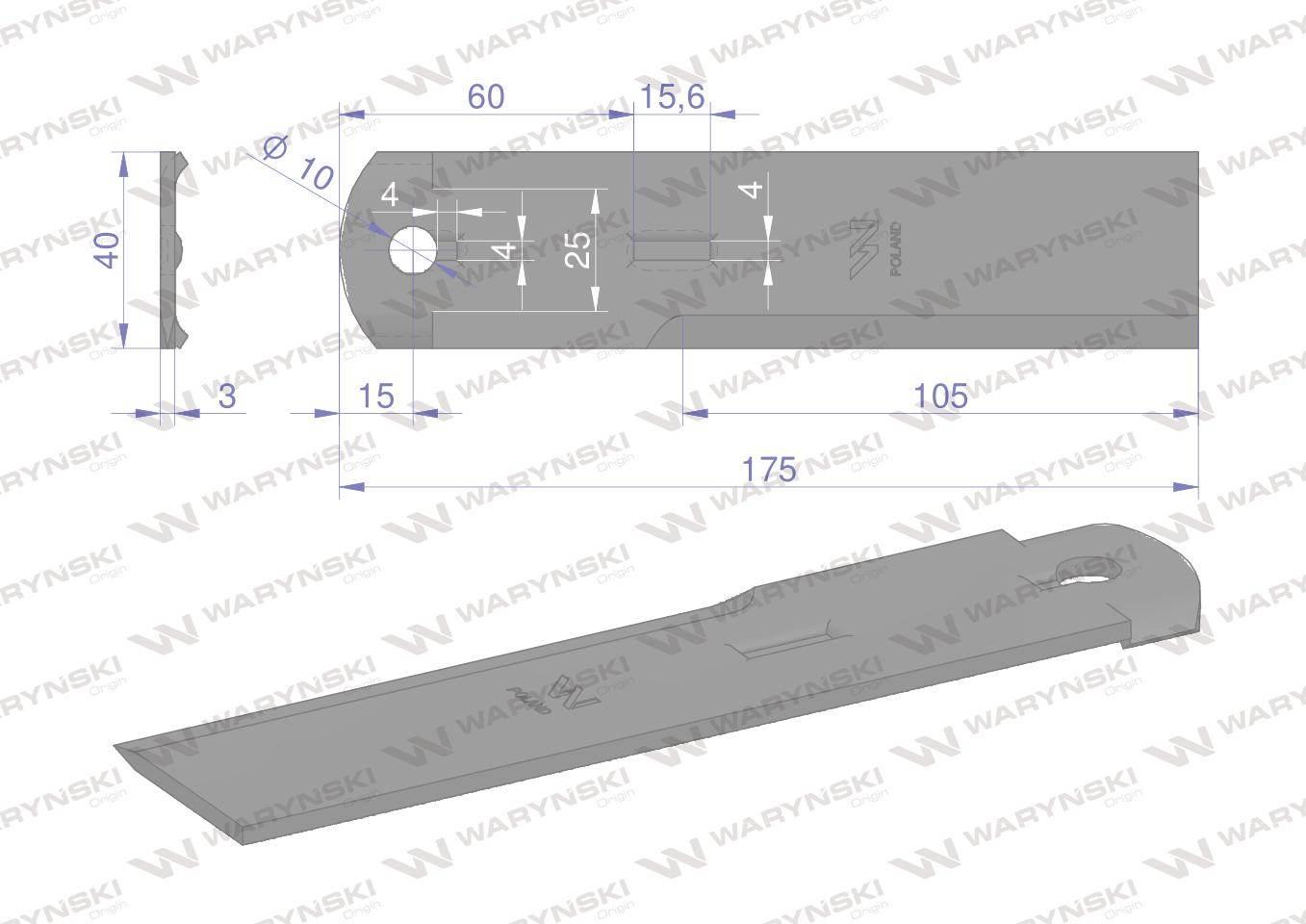 Nóż stały rozdrabniacz słomy sieczkarnia 175x40x3mm otwór 10 1322233c2 525115 dronningborg case mf waryński 25szt - zdjęcie 2