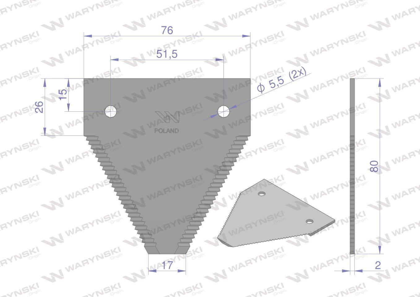 Nóż żniwny 80x76x2mm otwór 5.5 614670.0 claas waryński 25szt - zdjęcie 2