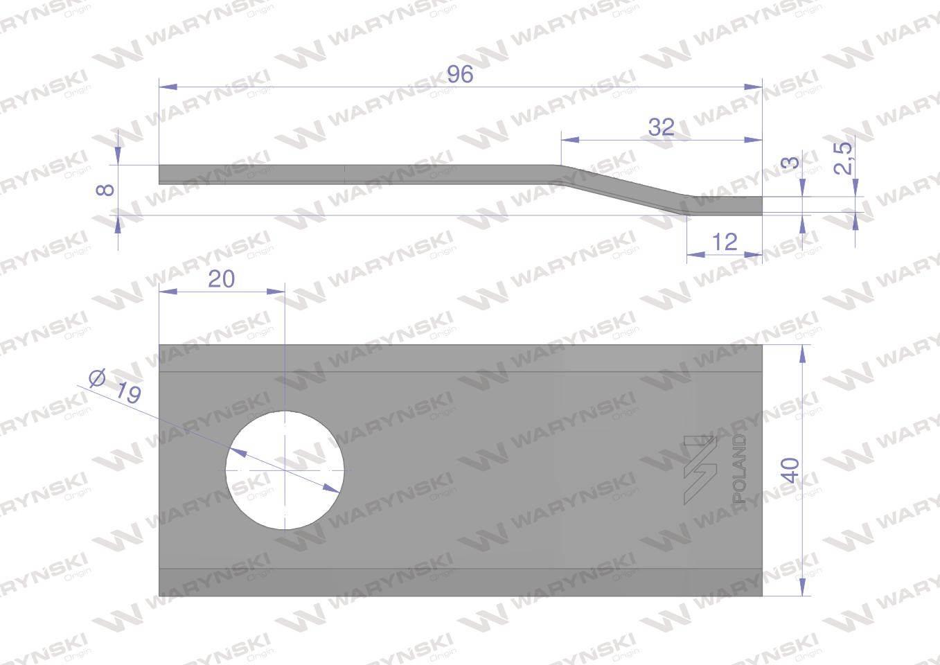 Nóż nożyk kosiarka gięty 96x40x3mm otwór 19 06561544 deutz fahr kverneland waryński 25szt - zdjęcie 2
