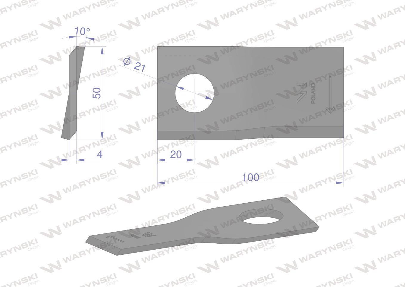 Nóż nożyk kosiarka prawy 100x50x4mm otwór 21 rs100 samasz waryński 25szt - zdjęcie 2