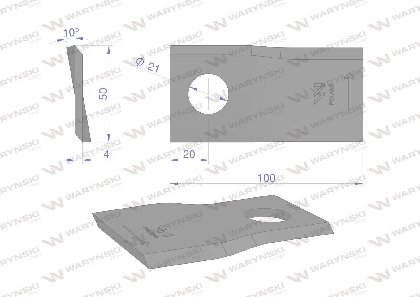 Nóż nożyk kosiarka lewy 100x50x4mm otwór 21 rs100 samasz waryński 25szt - zdjęcie 2
