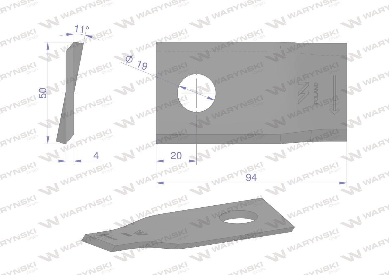 Nóż nożyk kosiarka prawy 94x50x4mm otwór 19 58031192 bcs waryński 25szt - zdjęcie 2