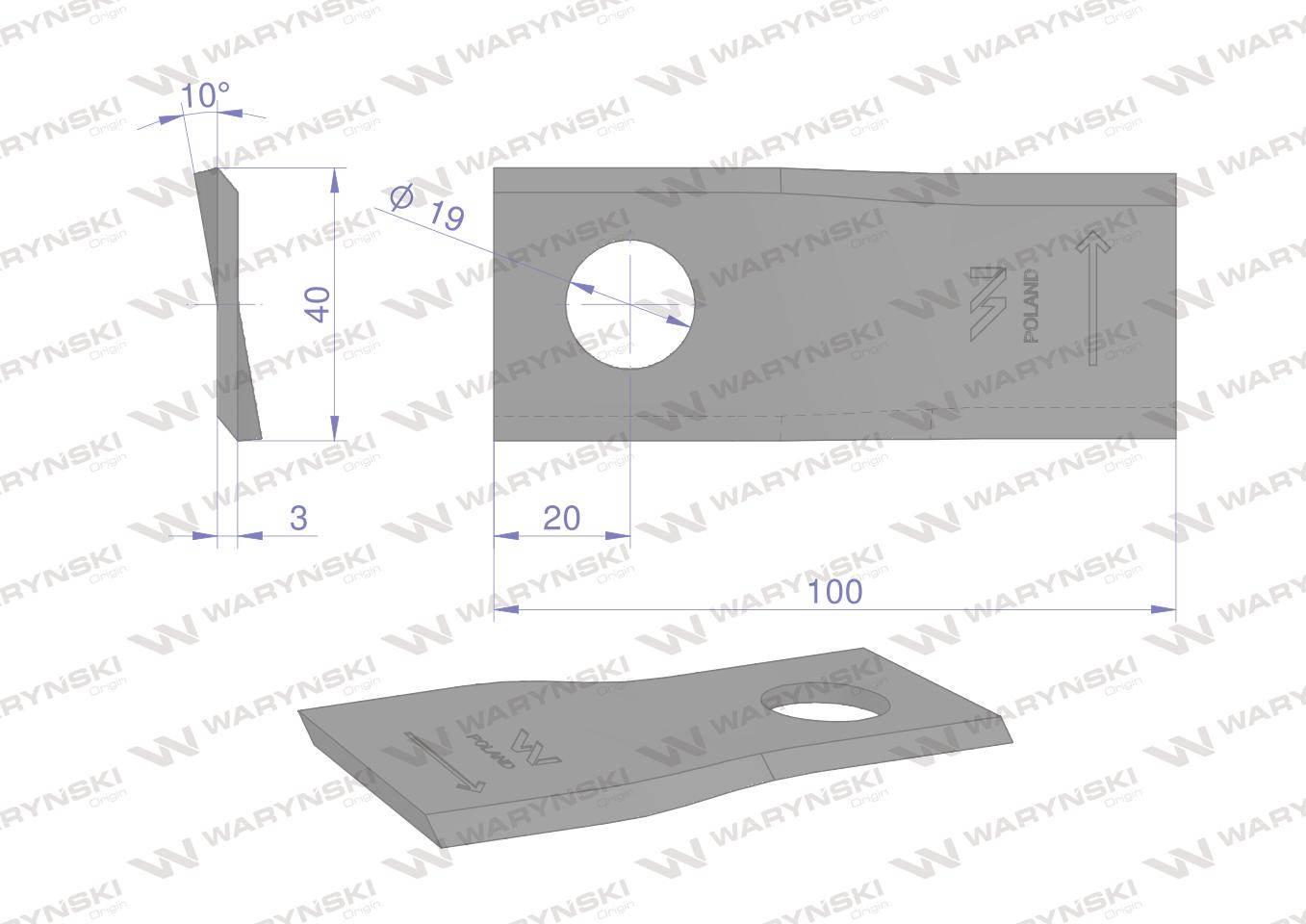 Nóż nożyk kosiarka lewy 100x40x3mm otwór 19 rs 100/3 sipma waryński 25szt - zdjęcie 2