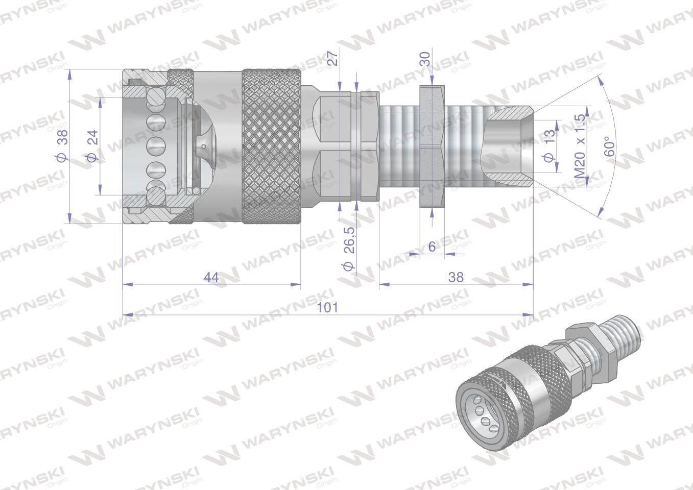 Szybkozłącze hydrauliczne gniazdo long z eliminatorem ciśnienia m20x1.5 gwint zewnętrzny euro push-pull iso 7241-a waryński - zdjęcie 2