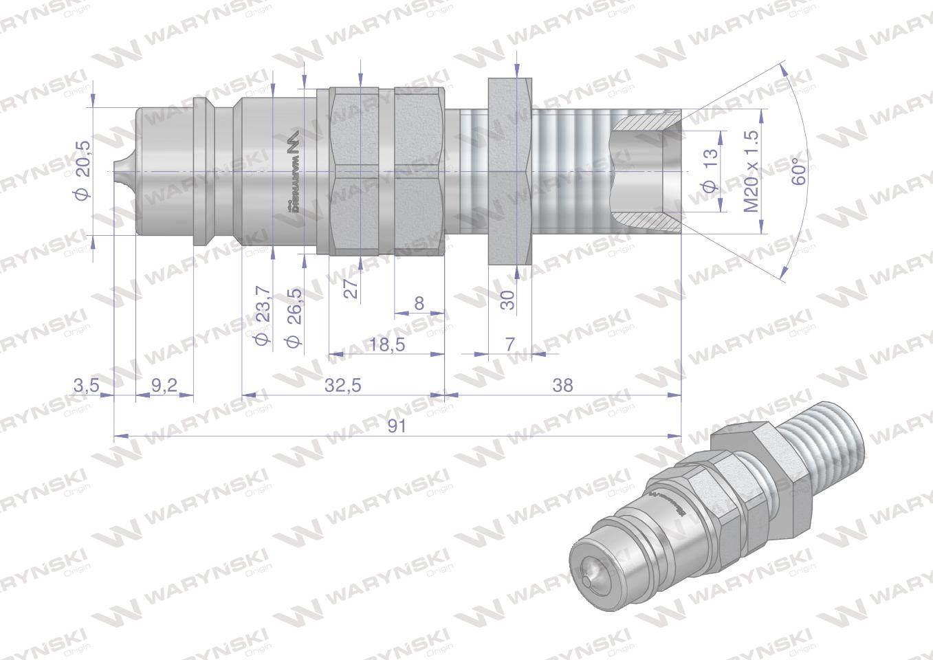 Szybkozłącze hydrauliczne wtyczka long m20x1.5 gwint zewnętrzny euro iso 7241-a waryński - zdjęcie 3
