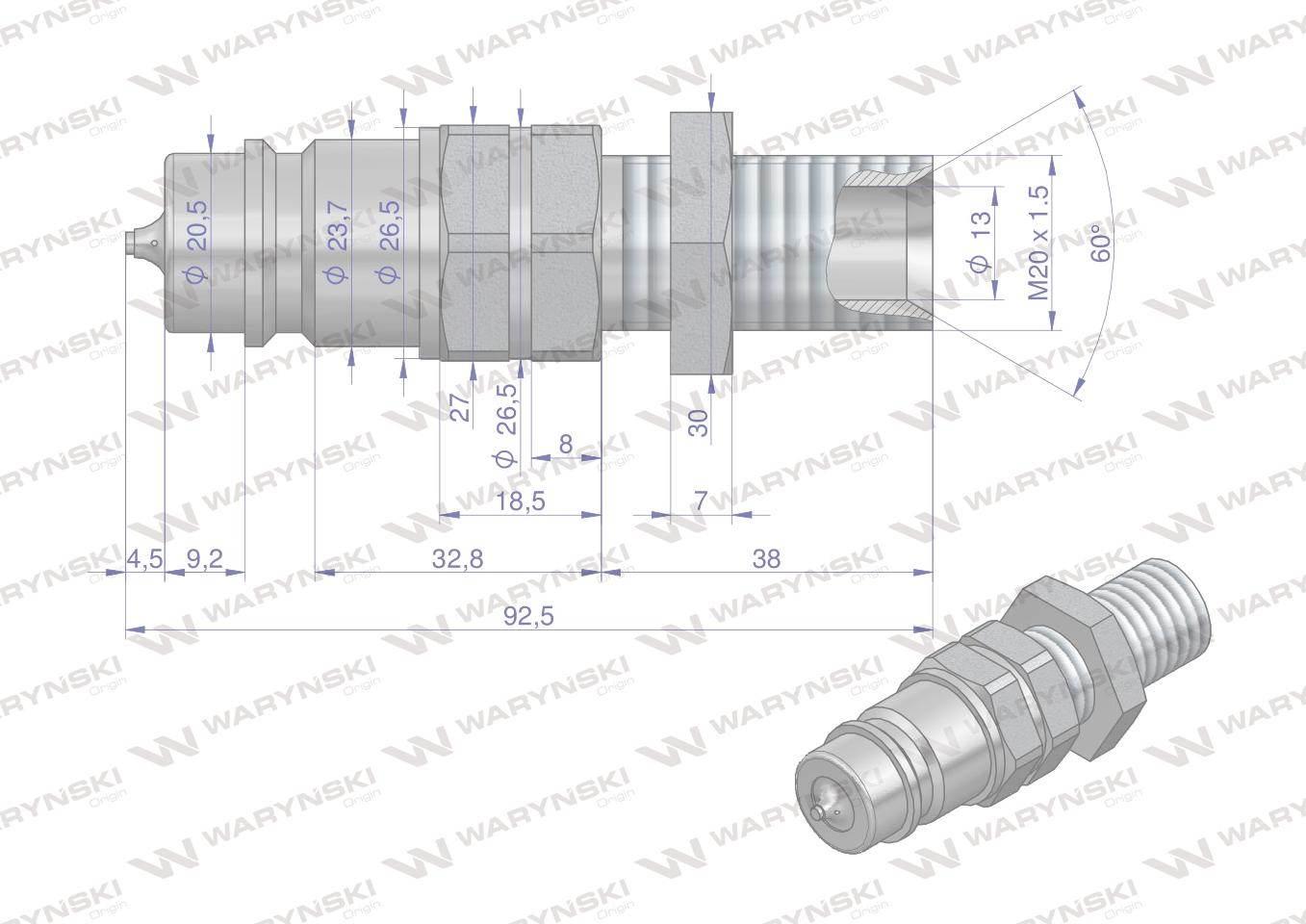 Szybkozłącze hydrauliczne wtyczka long z eliminatorem ciśnienia m20x1.5 gwint zewnętrzny euro iso 7241-a waryński - zdjęcie 2