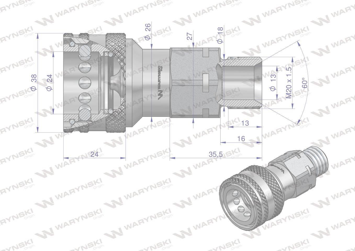 Szybkozłącze hydrauliczne gniazdo m20x1.5 gwint zewnętrzny euro iso 7241-a waryński - zdjęcie 2