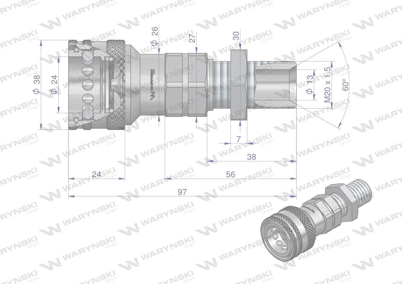 Szybkozłącze hydrauliczne gniazdo long m20x1.5 gwint zewnętrzny euro iso 7241-a waryński - zdjęcie 3
