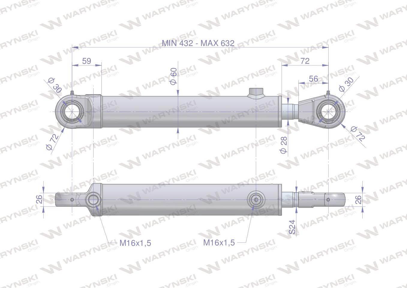 Cylinder hydrauliczny siłownik dwustronny wspomagania cjf-50/28/200z sworzeń 30mm bizon waryński - zdjęcie 2