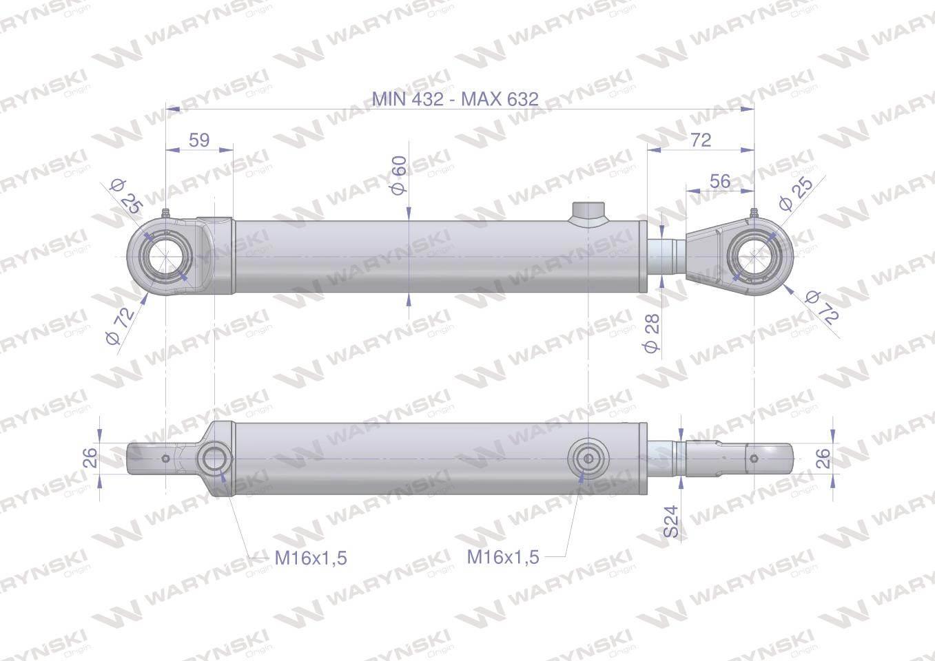 Cylinder hydrauliczny siłownik dwustronny wspomagania cjf-50/28/200z sworzeń 25mm bizon waryński - zdjęcie 2