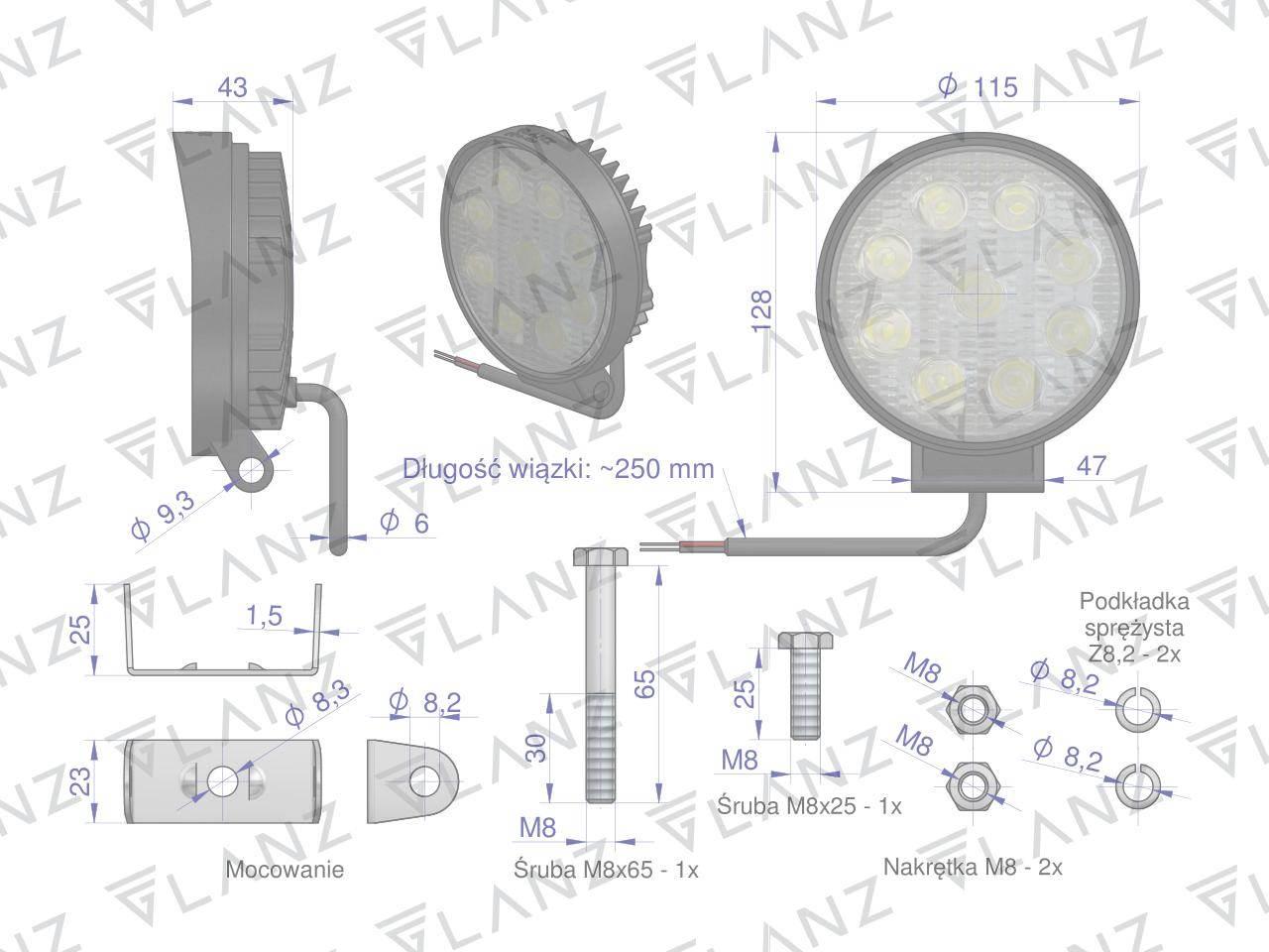 Lampa robocza okrągła 27w 9 led glanz | L0076G - zdjęcie 4