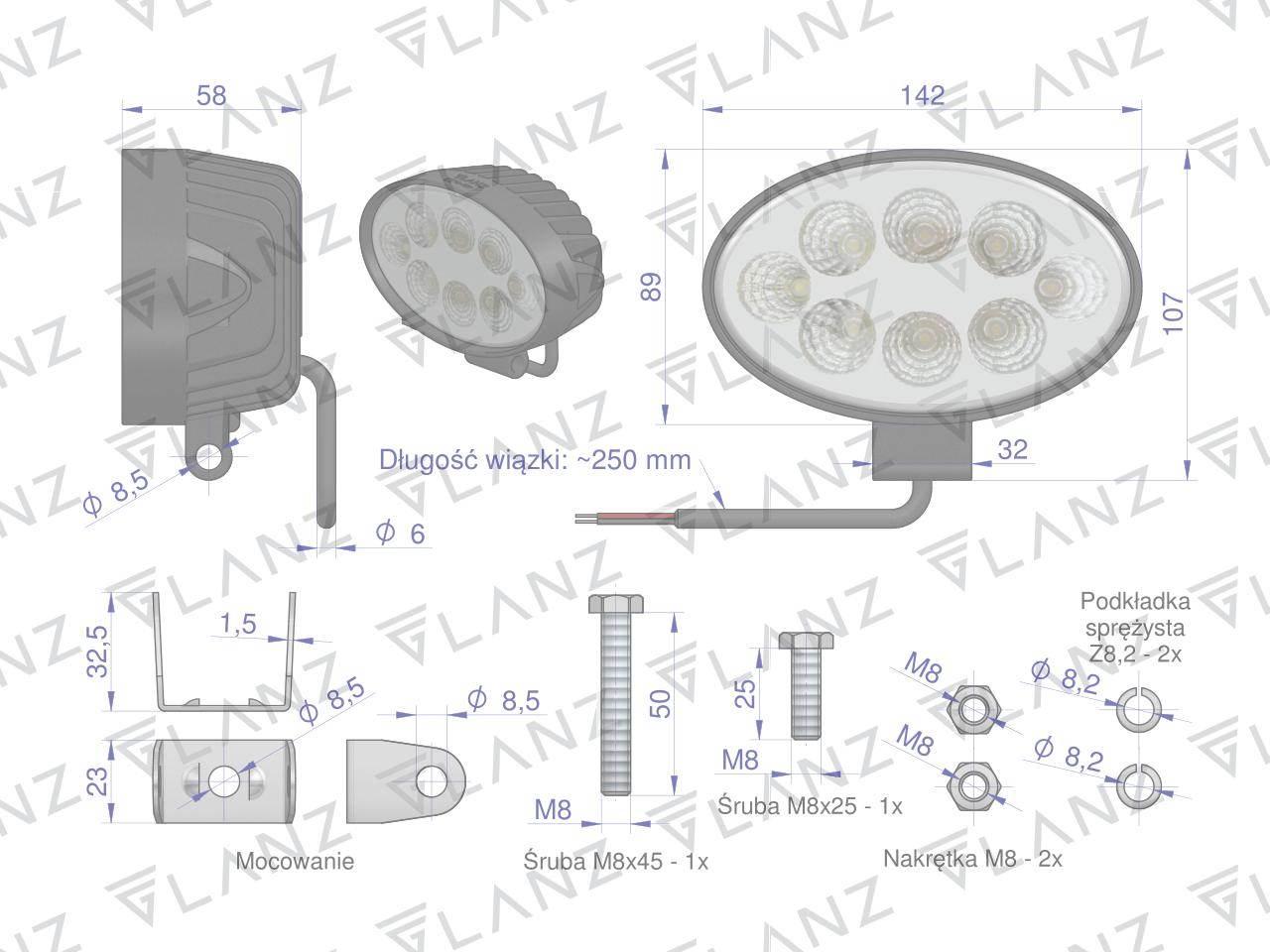 Lampa robocza elipsa 24w 8 led glanz | L0109G - zdjęcie 4