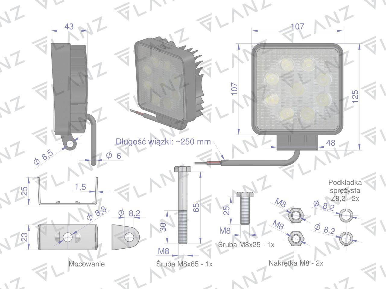 Lampa robocza kwadratowa 27w 9 led glanz - zdjęcie 4
