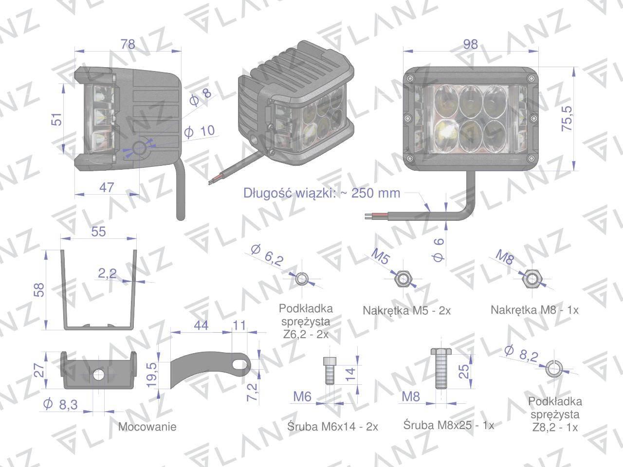 Lampa robocza kwadratowa szerokokątna 48w 12led glanz - zdjęcie 5