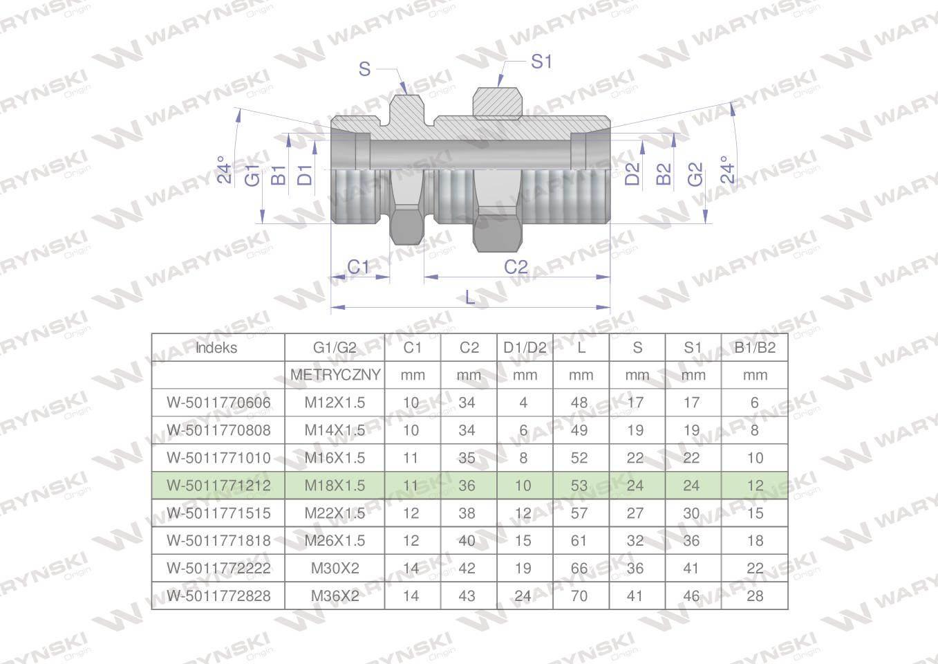 Złączka hydrauliczna metryczna grodziowa bb m18x1.5 12l z przeciwnakrętką xsv waryński 2szt