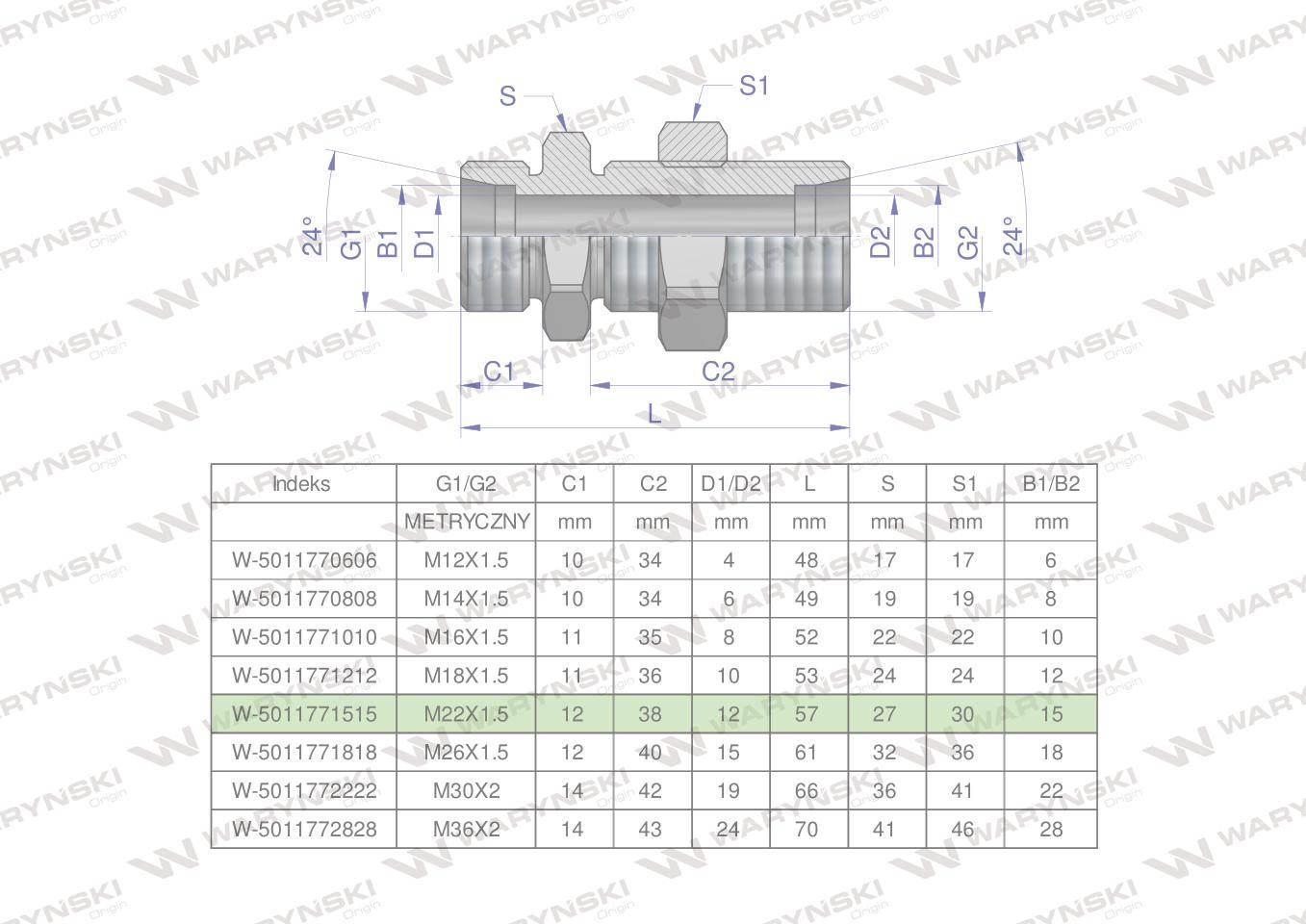 Złączka hydrauliczna metryczna grodziowa bb m22x1.5 15l z przeciwnakrętką xsv waryński 2szt