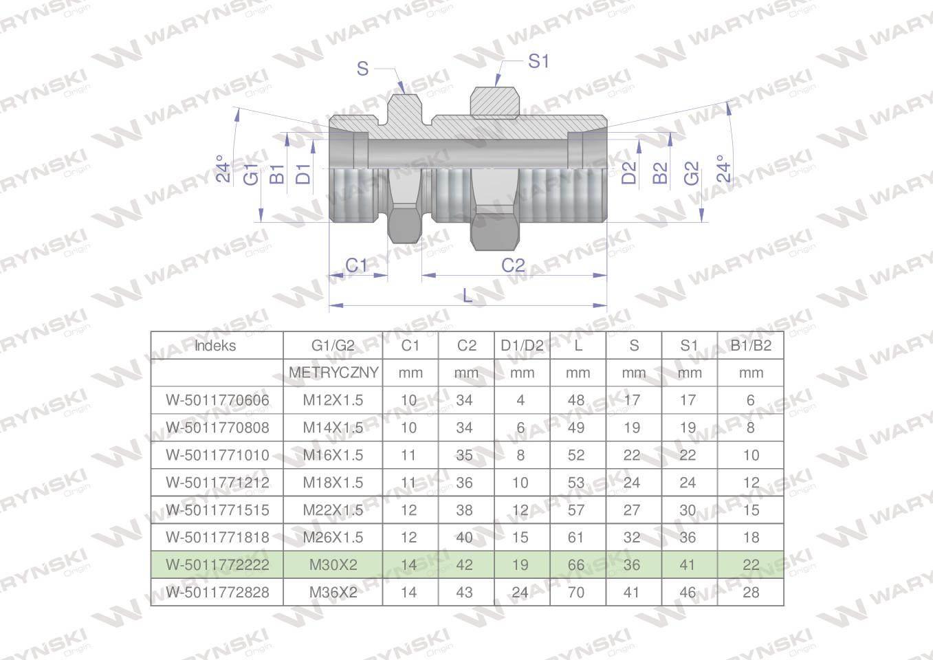 Złączka hydrauliczna metryczna grodziowa bb m30x2 22l z przeciwnakrętką xsv waryński