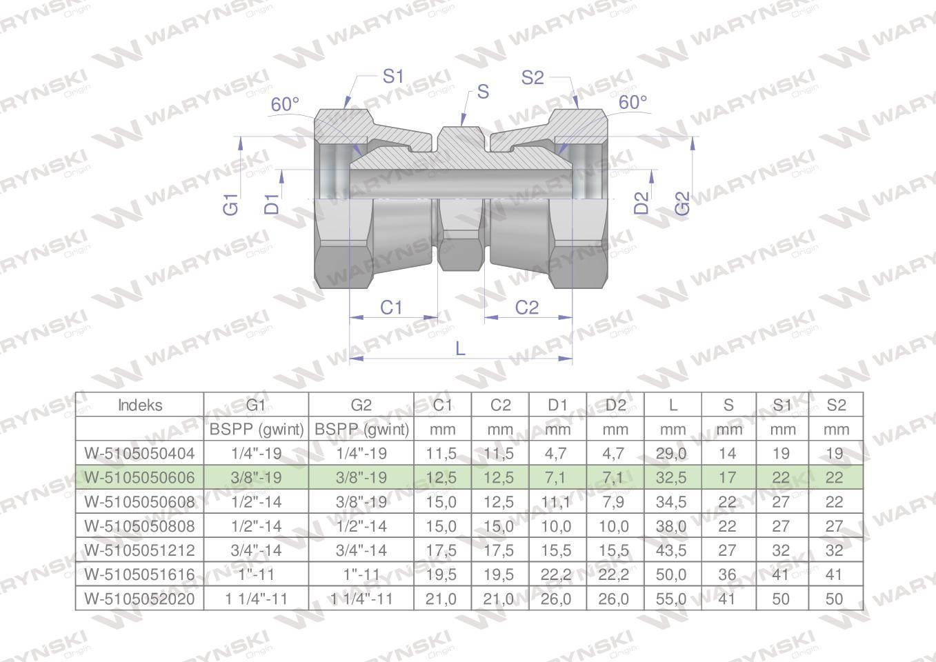 Złączka hydrauliczna calowa aa 3/8" bsp waryński 2szt