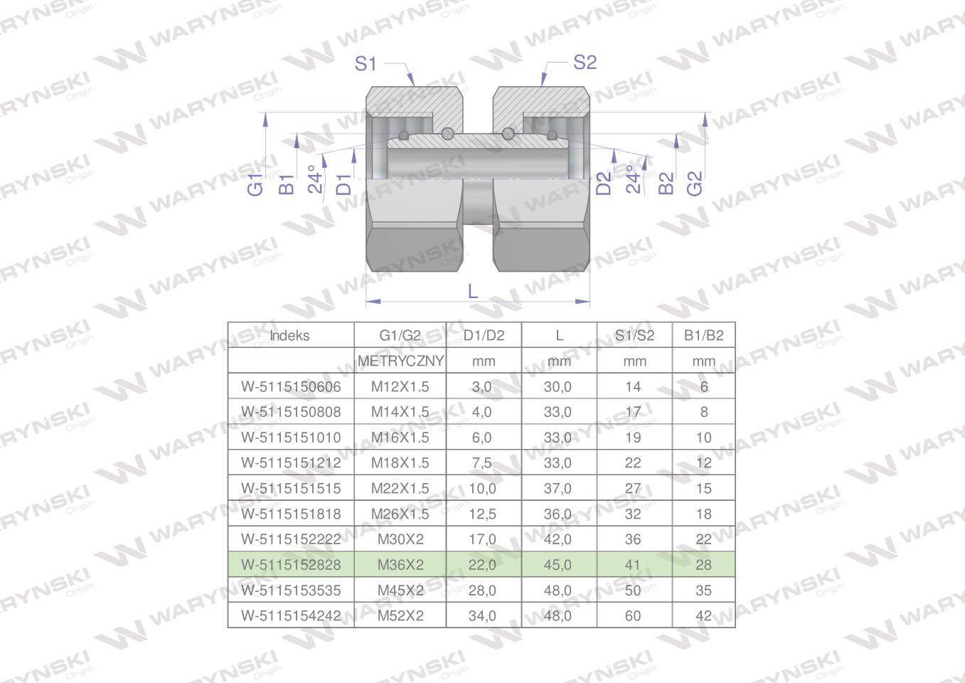 Złączka hydrauliczna metryczna aa m36x2 28l waryński