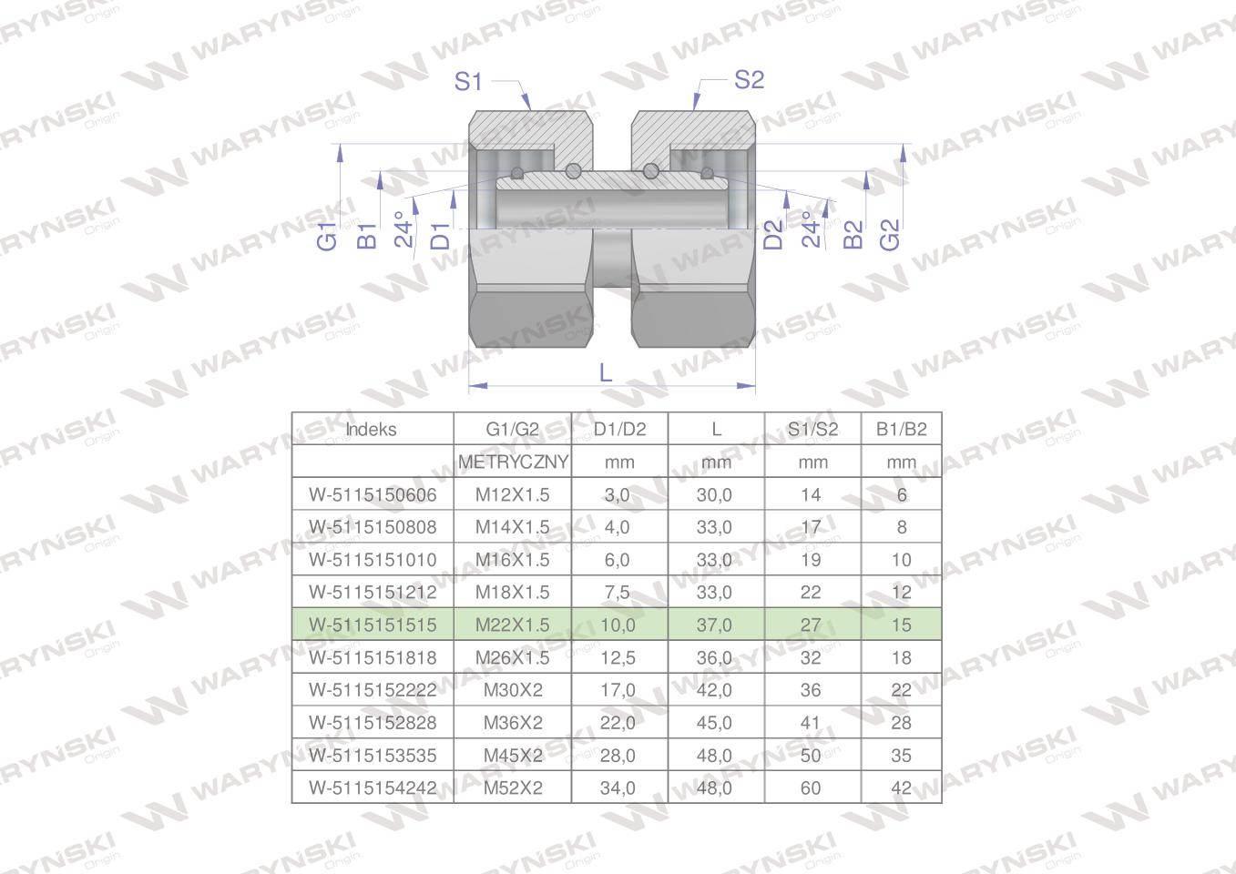 Złączka hydrauliczna metryczna aa m22x1.5 15l waryński 5szt
