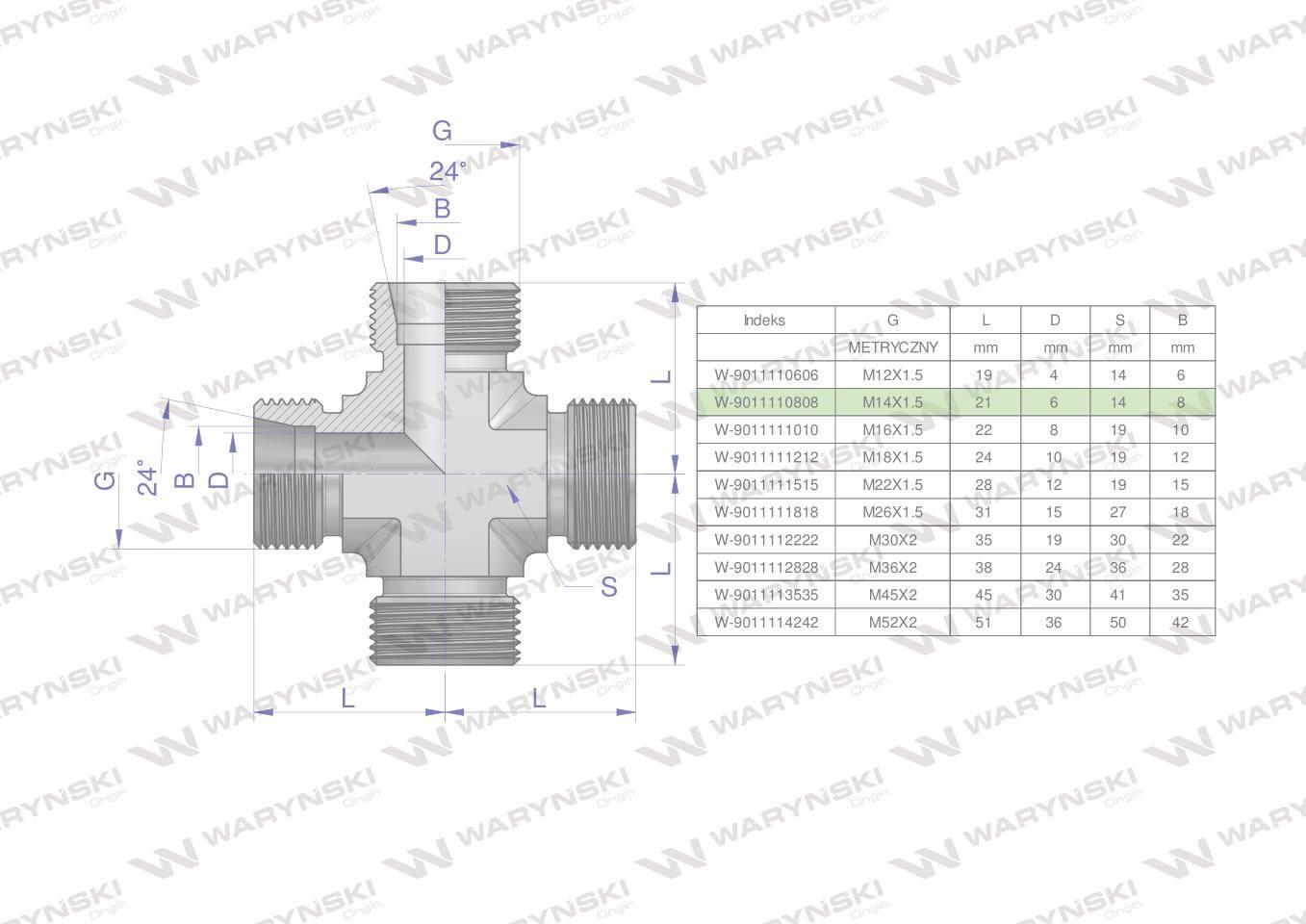 Czwórnik hydrauliczny metryczny bbbb m14x1.5 08l waryński