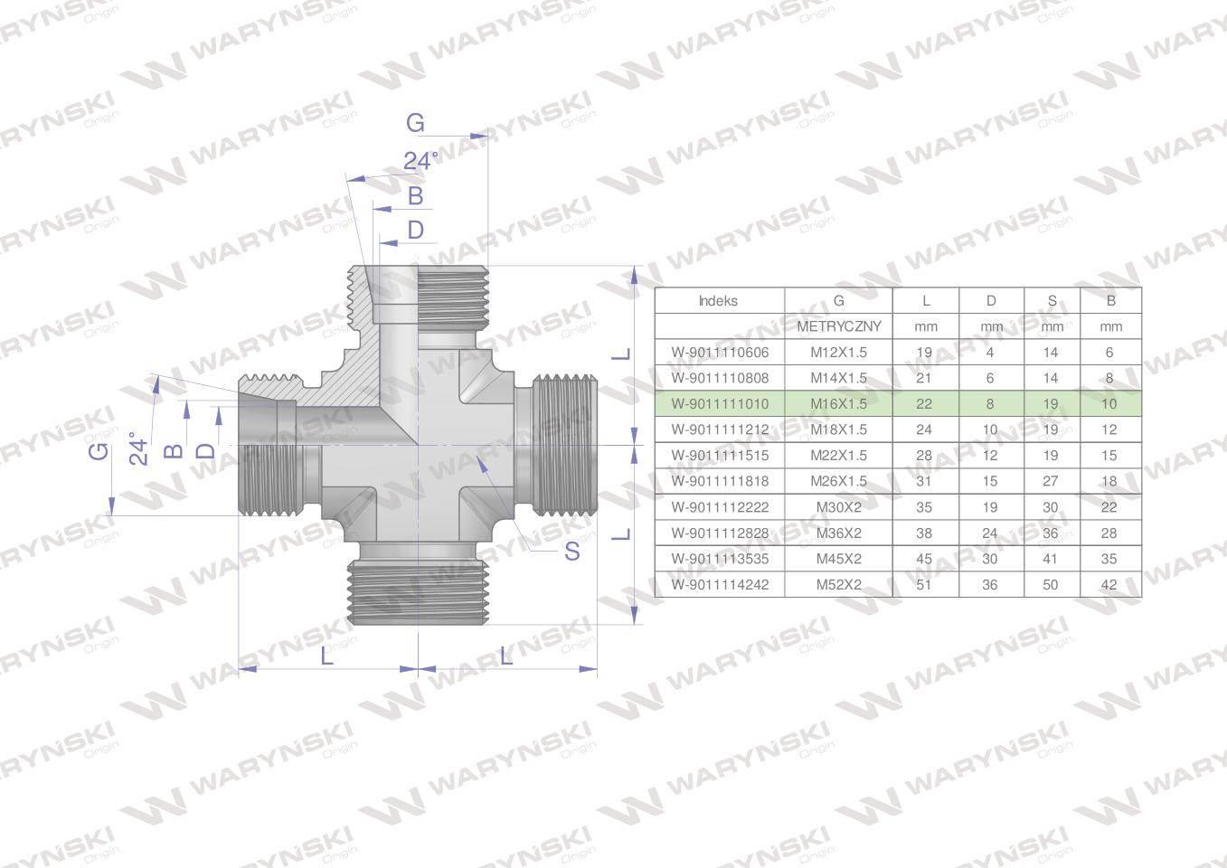 Czwórnik hydrauliczny metryczny bbbb m16x1.5 10l waryński