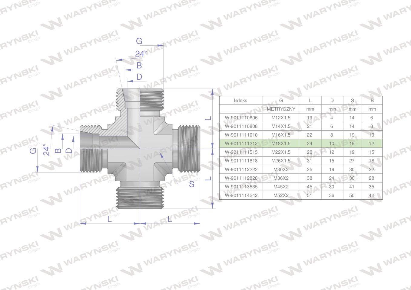 Czwórnik hydrauliczny metryczny bbbb m18x1.5 12l waryński