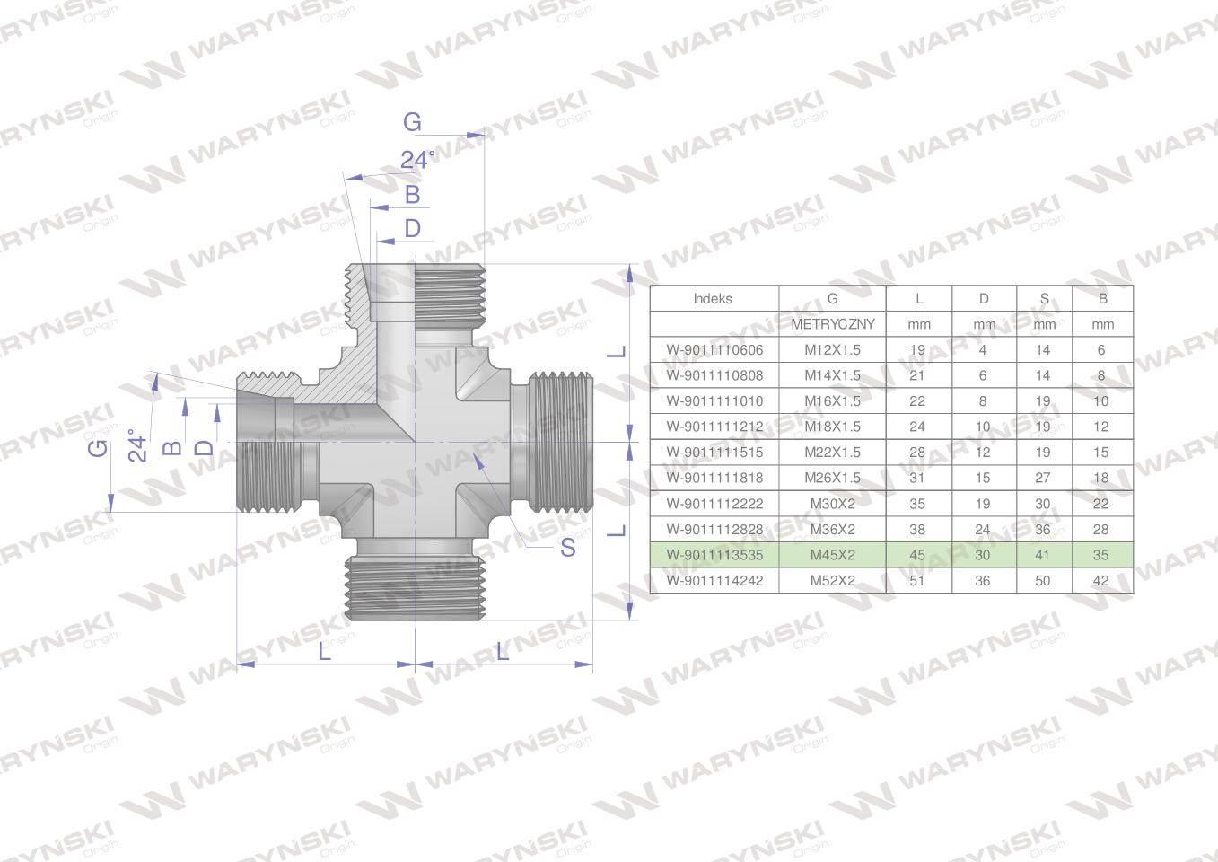 Czwórnik hydrauliczny metryczny bbbb m45x2 35l waryński