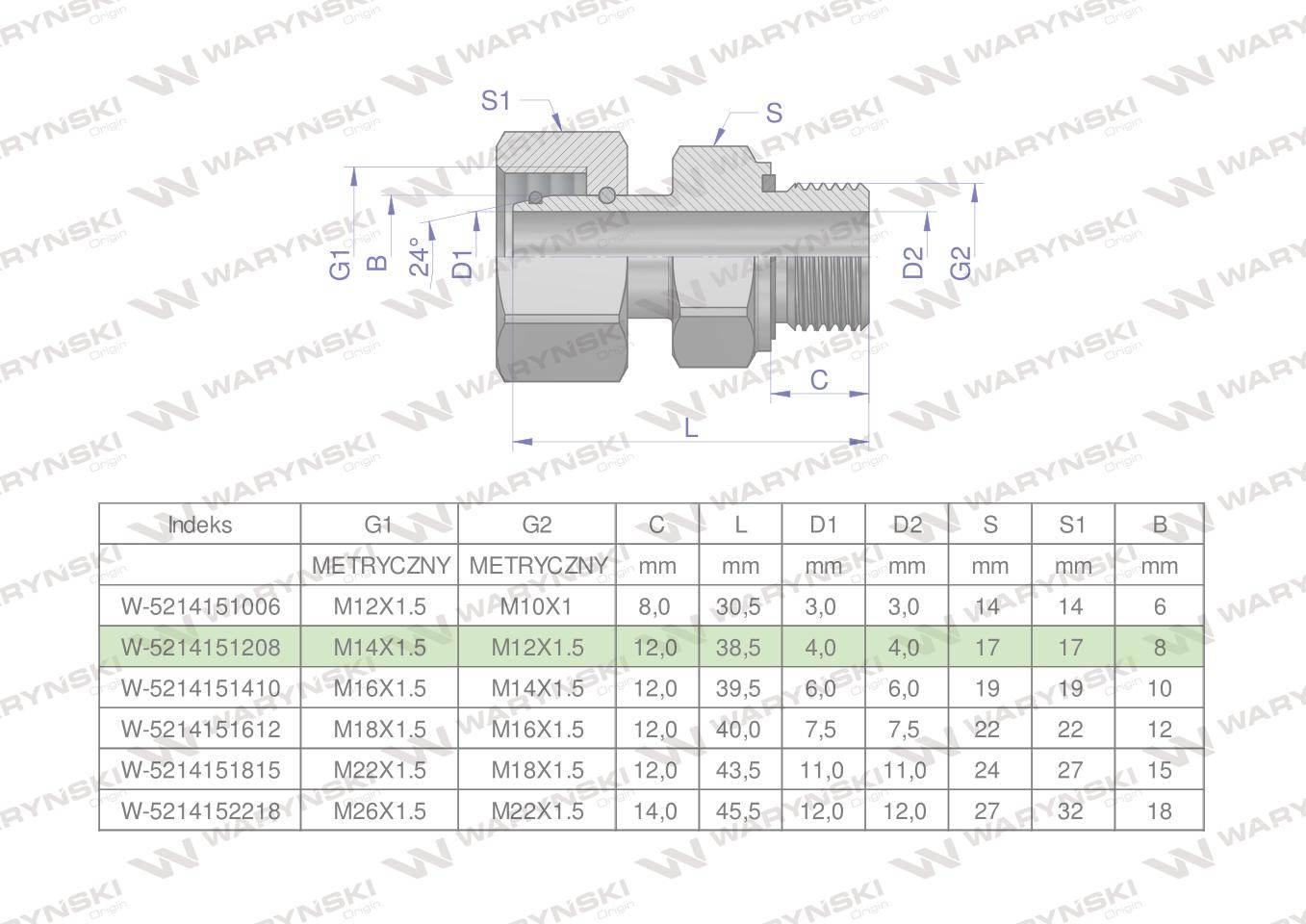 Przyłączka hydrauliczna metryczna ab evge m14x1.5 08lxm12x1.5 ed waryński 2szt