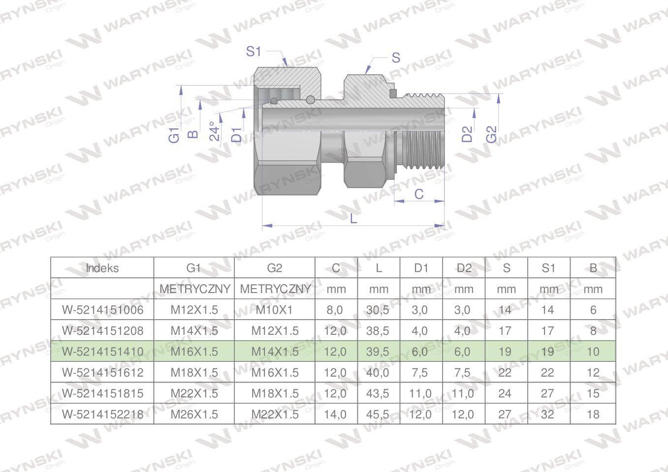 Przyłączka hydrauliczna metryczna ab evge m16x1.5 10lxm14x1.5 ed waryński 2szt