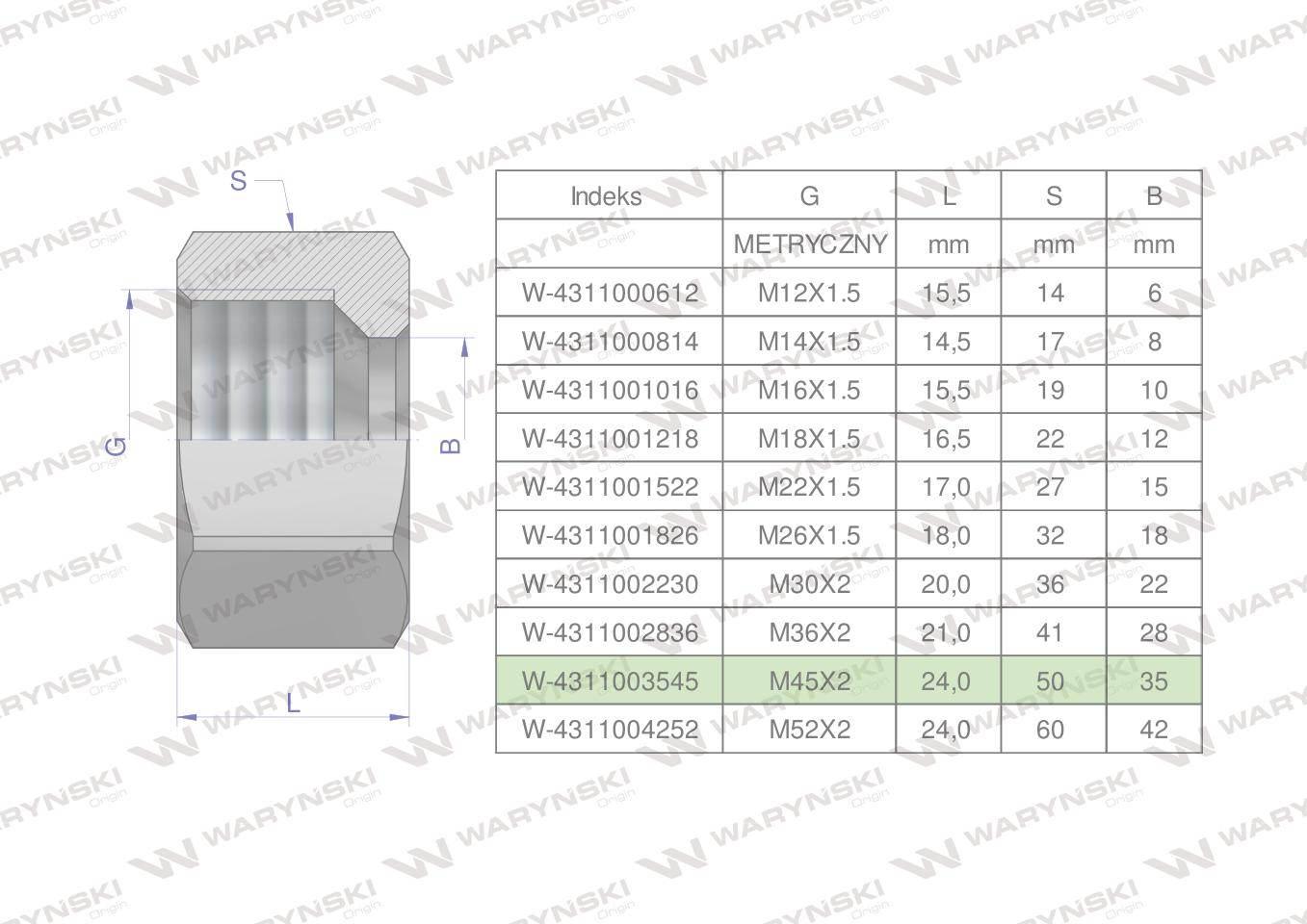 Nakrętka hydrauliczna metryczna m35l m45x2 35l waryński 2szt