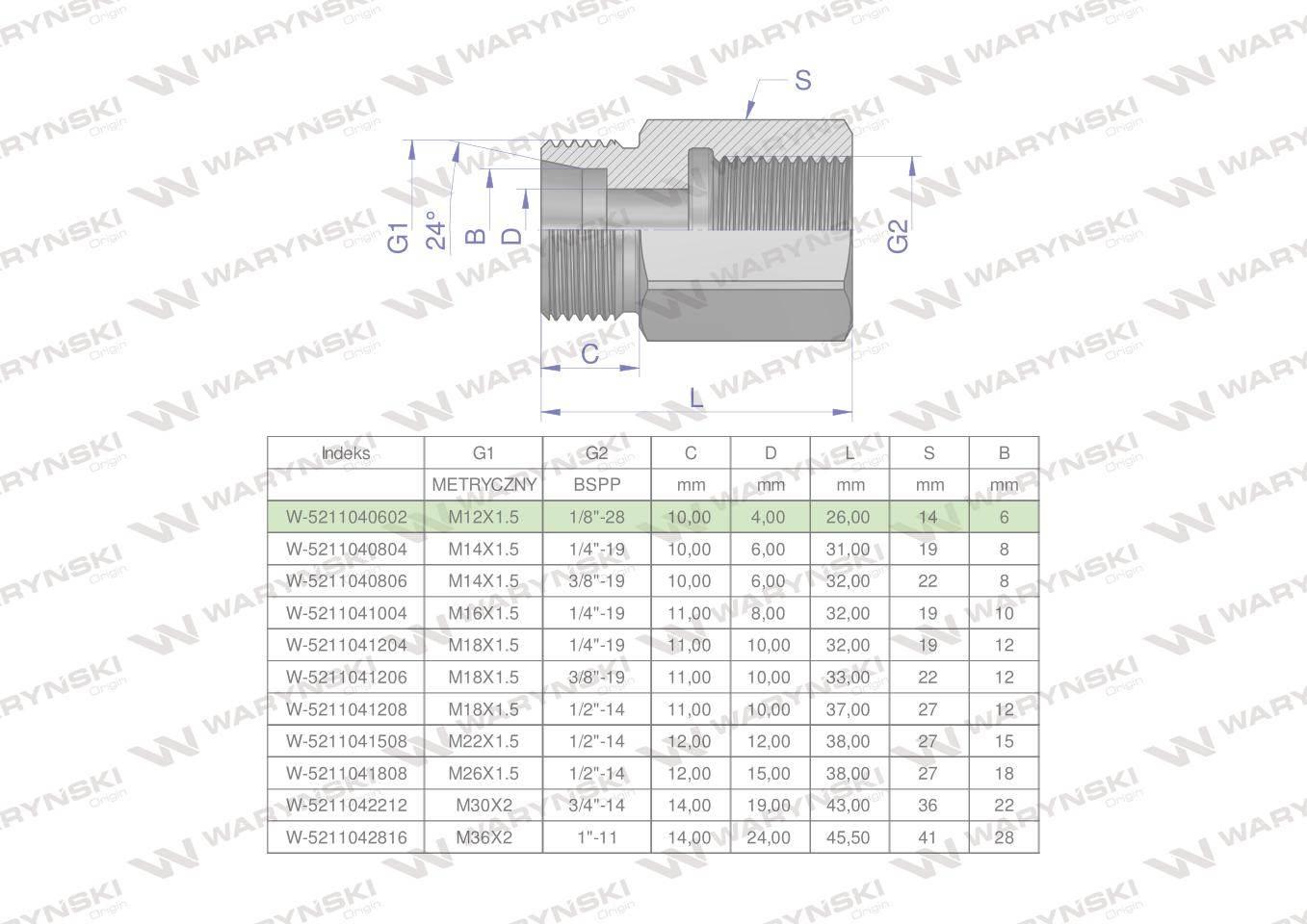 Tulejka różnicowa hydrauliczna ab m12x1.5 06l gzx1/8" bsp gw waryński 2szt