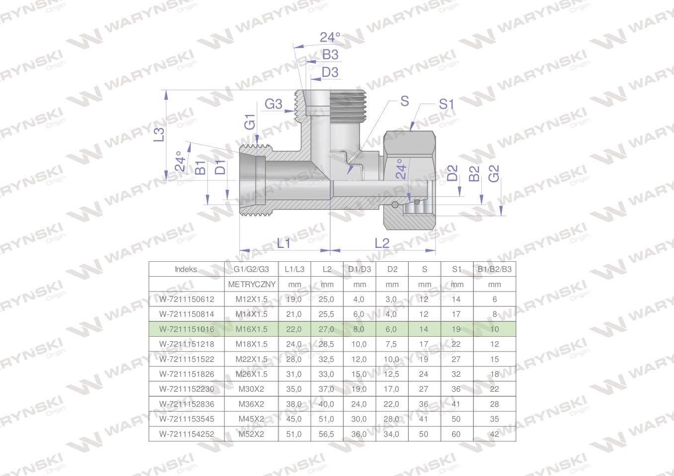 Trójnik hydrauliczny niesymetryczny metryczny bba m16x1.5 10l xevl waryński 2szt